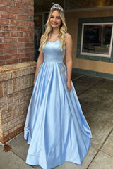 Light Blue Round Neck A-Line Prom Dress with Pockets