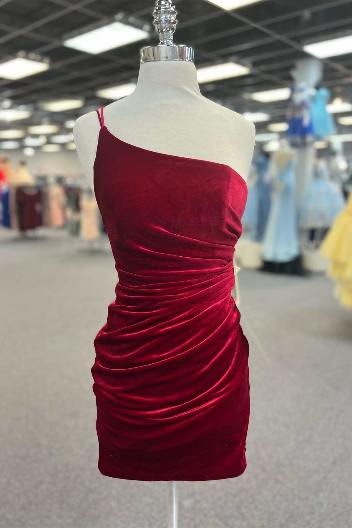 Wine Red One-Shoulder Lace-Up Ruched Short Party Dress