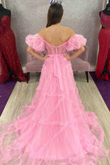 Blue Tulle Off-the-Shoulder Puff Sleeves A-Line Long Prom Dress with Ruffles