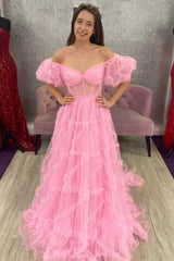 Blue Tulle Off-the-Shoulder Puff Sleeves A-Line Long Prom Dress with Ruffles