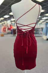 Wine Red One-Shoulder Lace-Up Ruched Short Party Dress