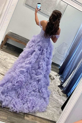 A-line Off-the-Shoulder Ruffle Layers Boning Long Prom Gown