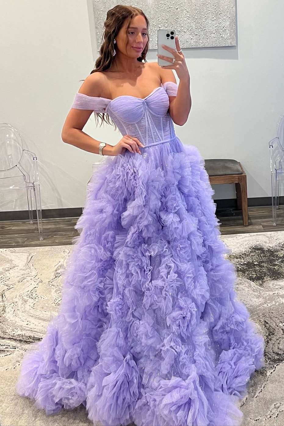 Off-the-Shoulder Red Lace Multi-Tiered Long Prom Gown