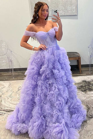 A-line Off-the-Shoulder Ruffle Layers Boning Long Prom Gown
