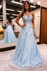 Light Blue 3D Floral Lace V-Neck Straps A-Line Long Prom Dress