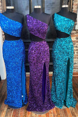 Sequin One-Shoulder Cutout Long Prom Dress with Slit