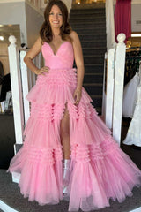 Red Tulle V-Neck Multi-Tiered A-Line Prom Dress