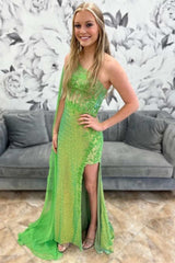 Green Sequin Appliques Mermaid Long Prom Dress with Attached Train