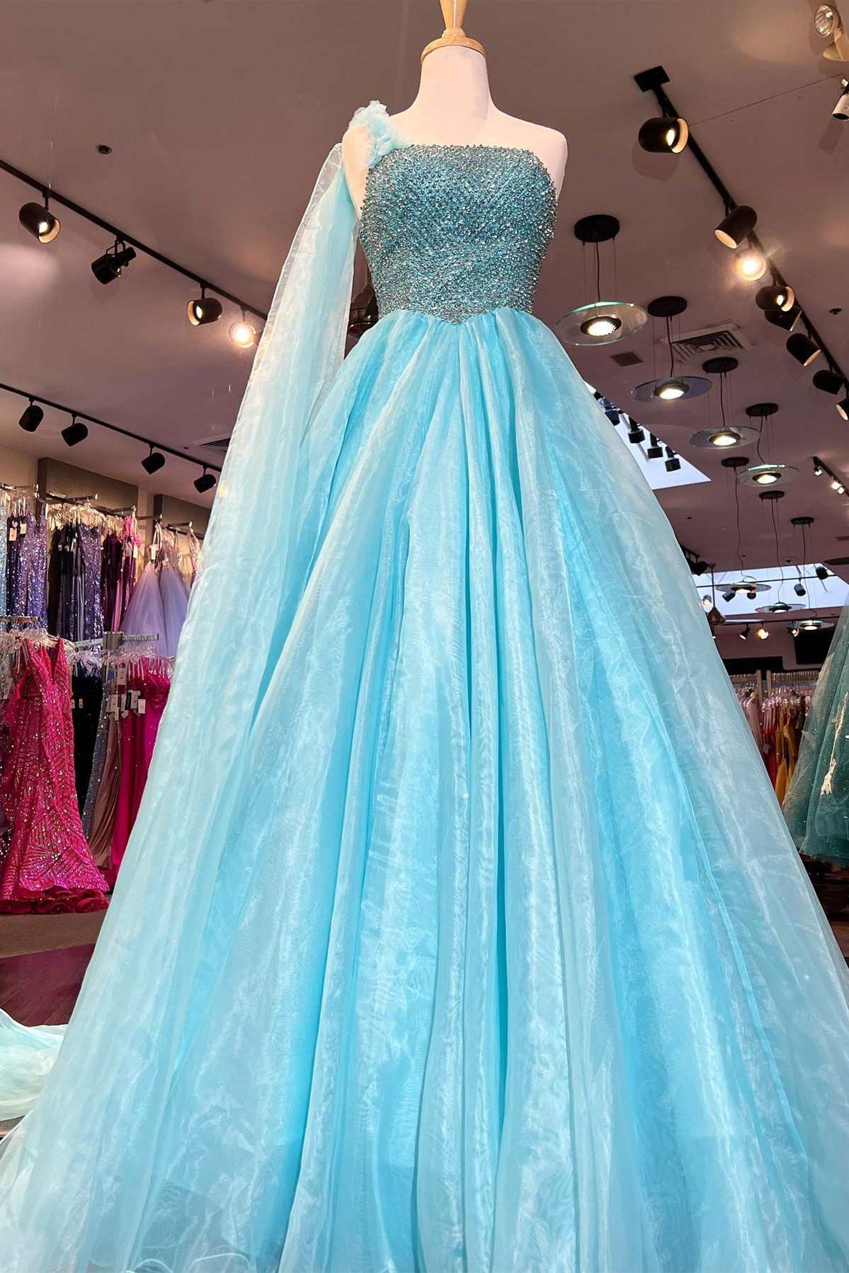 Light Blue Beaded One-Shoulder Bow A-Line Prom Dress