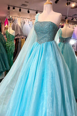 Light Blue Beaded One-Shoulder Bow A-Line Prom Dress