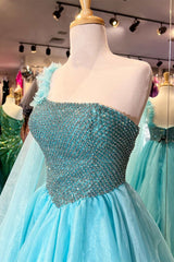 Light Blue Beaded One-Shoulder Bow A-Line Prom Dress