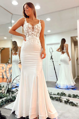 White 3D Floral Lace V-Neck Backless Trumpet Long Prom Gown