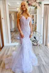 Lavender Tulle Floral Lace V-Neck Trumpet Long Prom Dress