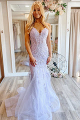 Lavender Tulle Floral Lace V-Neck Trumpet Long Prom Dress