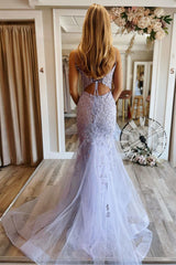 Lavender Tulle Floral Lace V-Neck Trumpet Long Prom Dress