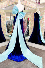 Royal Blue Velvet Strapless Bow-Back Trumpet Long Prom Dress