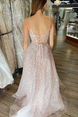 Princess Blush Pink Organza Lace-Up Back A-Line Long Prom Dress