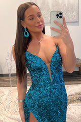 Prussian Blue Sequin Strapless Long Prom Dress with Slit