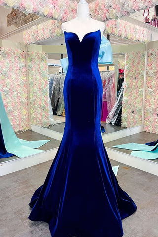 Royal Blue Velvet Strapless Bow-Back Trumpet Long Prom Dress