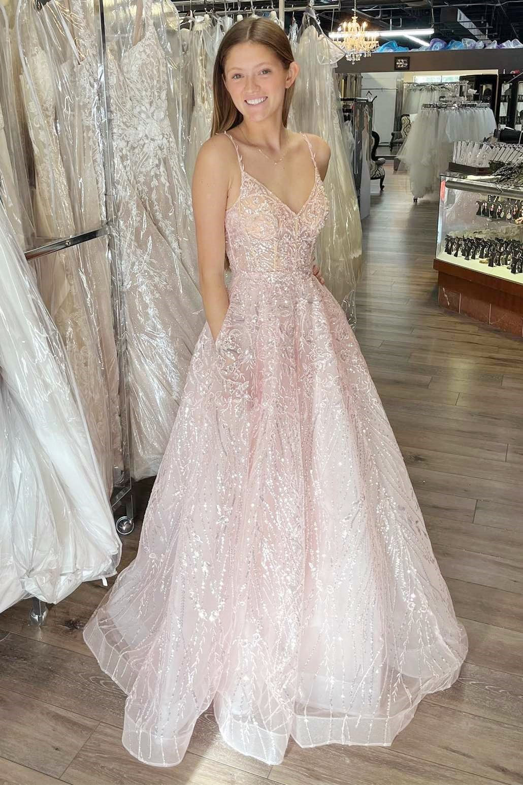 Princess Blush Pink Organza Lace-Up Back A-Line Long Prom Dress