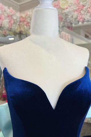 Royal Blue Velvet Strapless Bow-Back Trumpet Long Prom Dress