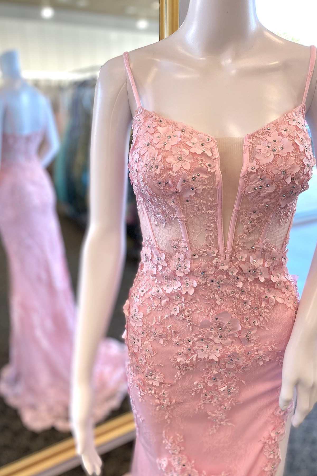 Pink 3D Floral Lace Split Neck Mermaid Long Prom Dress