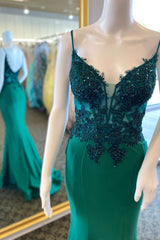 Hunter Green Appliques Backless Mermaid Long Prom Dress