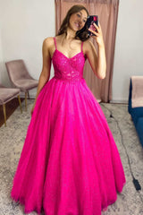 Fuchsia Tulle Lace V-Neck A-Line Long Prom Dress