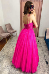 Fuchsia Tulle Lace V-Neck A-Line Long Prom Dress