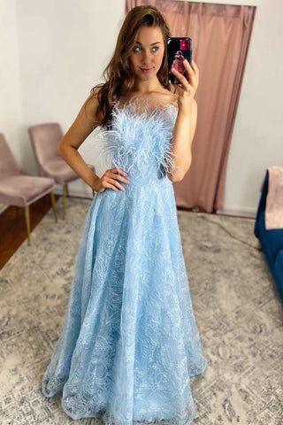 Sky Blue Lace Feather Strapless A-Line Long Formal Dress