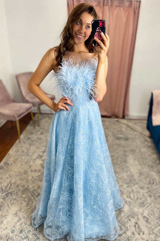 Sky Blue Lace Feather Strapless A-Line Long Formal Dress