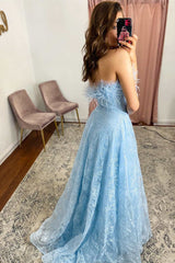 Sky Blue Lace Feather Strapless A-Line Long Formal Dress