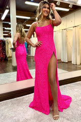 Hot Pink Sequin Lace-Up Long Prom Dress with Slit