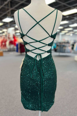 Hunter Green Sequin Lace-Up Back Short Homecoming Dress