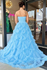 Light Blue Strapless Grid Ruffle Long Prom Dress