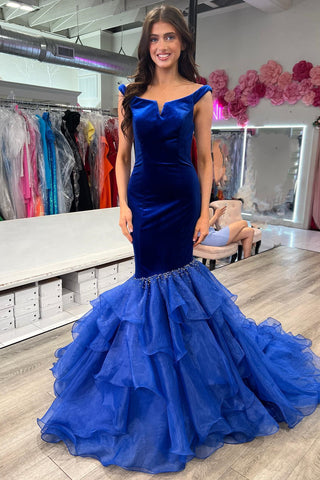 Royal Blue Mermaid Off-the-Shoulder Beaded Ruffle-Layers Long Prom Dress