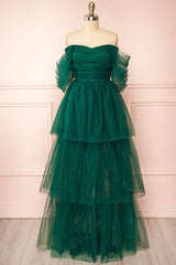 Green Tulle Off-the-Shoulder A-Line Tiered Prom Dress