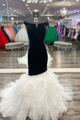 Black Mermaid Off-the-Shoulder Beaded Ruffle-Layers Long Prom Dress