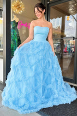 Light Blue Strapless Grid Ruffle Long Prom Dress