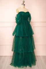 Green Tulle Off-the-Shoulder A-Line Tiered Prom Dress