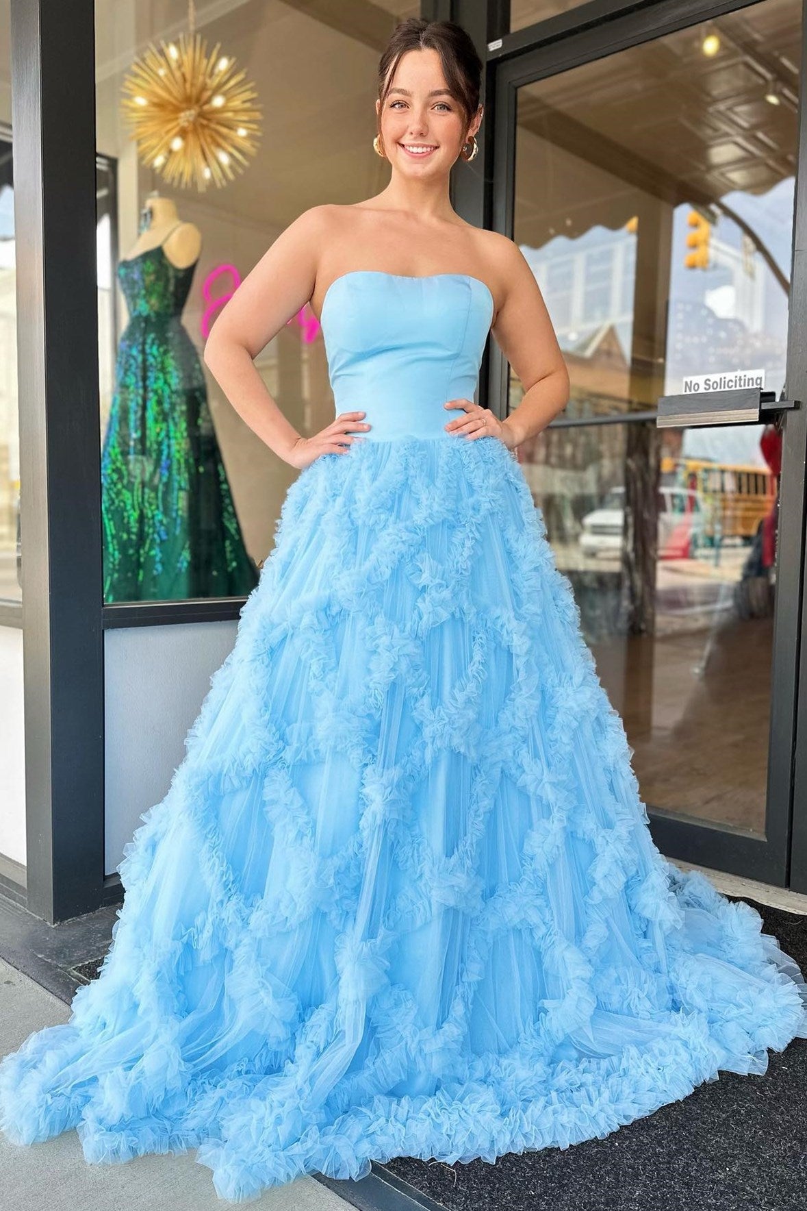 Light Blue Strapless Grid Ruffle Long Prom Dress