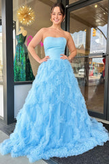 Light Blue Strapless Grid Ruffle Long Prom Dress