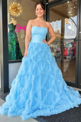 Light Blue Strapless Grid Ruffle Long Prom Dress