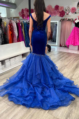 Royal Blue Mermaid Off-the-Shoulder Beaded Ruffle-Layers Long Prom Dress