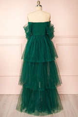 Green Tulle Off-the-Shoulder A-Line Tiered Prom Dress