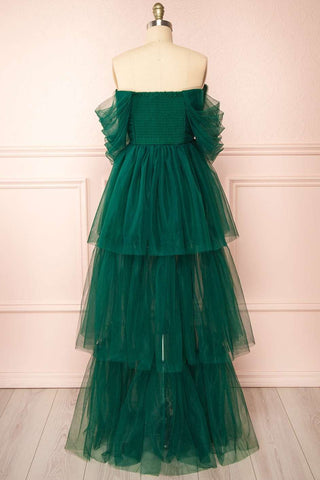 Green Tulle Off-the-Shoulder A-Line Tiered Prom Dress