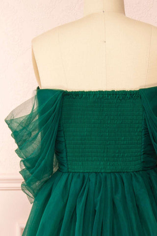 Green Tulle Off-the-Shoulder A-Line Tiered Prom Dress