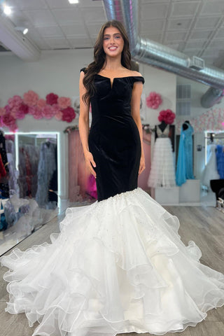 Black Mermaid Off-the-Shoulder Beaded Ruffle-Layers Long Prom Dress