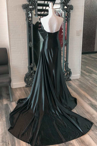 Schwarzes, trägerloses, langes Abendkleid im Meerjungfrau-Stil mit angehängter Schleppe