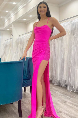 Fuchsia Beaded Cowl Neck Lace-Up Long Formal Dress with Slit